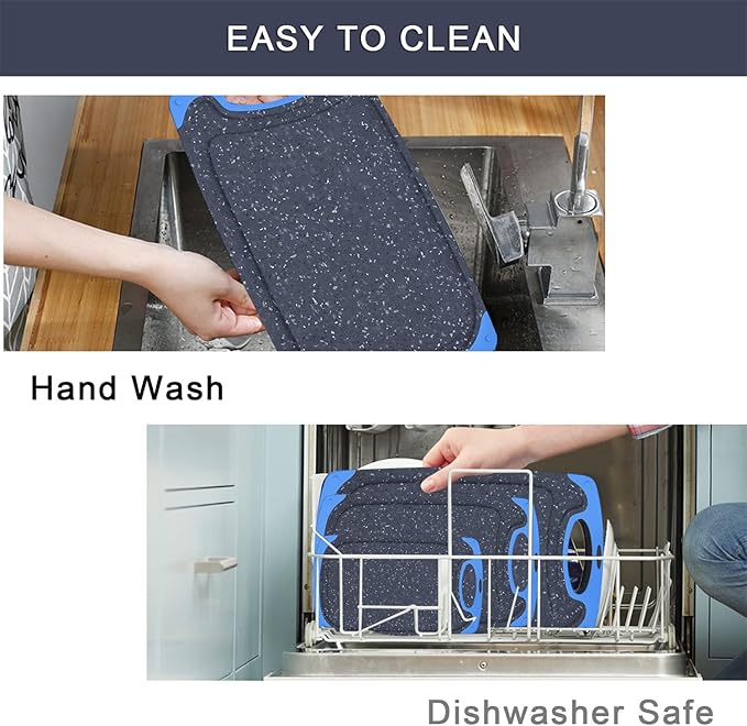 Plastic Cutting Board, 3 Pieces Dishwasher Safe Cutting Boards with Juice Grooves, Easy Grip Handle, Non-Slip, with Grinding Area for Grinding Garlic and Ginger(blue)