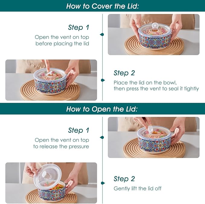 vancasso 36 oz Ceramic Bowls with Lids Set of 4, 6 Inch Food Storage Containers & Prep Bowls for Leftovers, Soup, Cereal, Meal Prep, Office Lunch, Microwave & Dishwasher Safe, Series SIMI