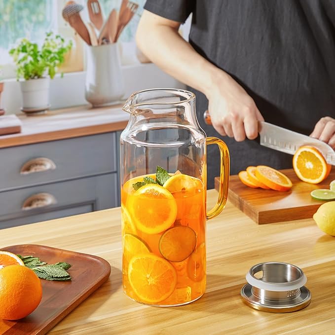 2 Pack 2 Liter 68 oz Glass Pitcher with Lid and Handle, Gold Glass Carafe for Fridge, Water Pitcher for Hot/Cold Water, Large Jug for Iced Tea, Coffee, Juice and Homemade Beverage
