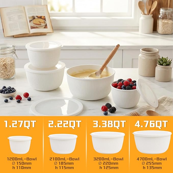 BoxedHome Mixing Bowls with Lids Set, 4 Packs BPA-Free Plastic Prep Bowls for Kitchen, Dishwasher & Microwave Safe, Large Capacity, Beige