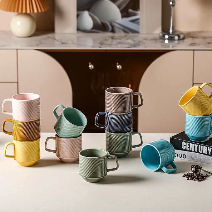 Stackable Coffee Mugs with Rack: 13 oz Stacking Ceramic Cups with Stand - Porcelain Stacked Tea Mug Set of 4 (Grey)