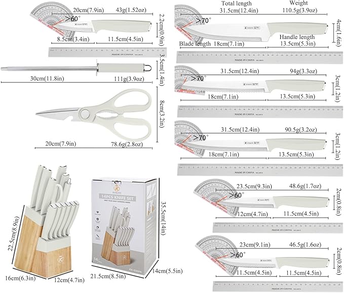 Knife Set, 14-Piece Kitchen Knife Block Set Dishwasher Safe with Wood Block and Sharpener,Non Stick Sharp Stainless Steel Chef Knife Sets for Cooking