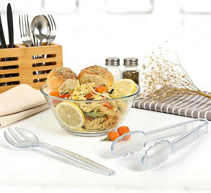 CXPSINC Disposable Plastic Serving Utensils Set 18-Piece, Including 6 Clear Plastic Serving Spoons, 6 Tongs & 6 Forks, Disposable Serving Utensils For Catering Buffets Events (Clear, 18pcs Utensils)