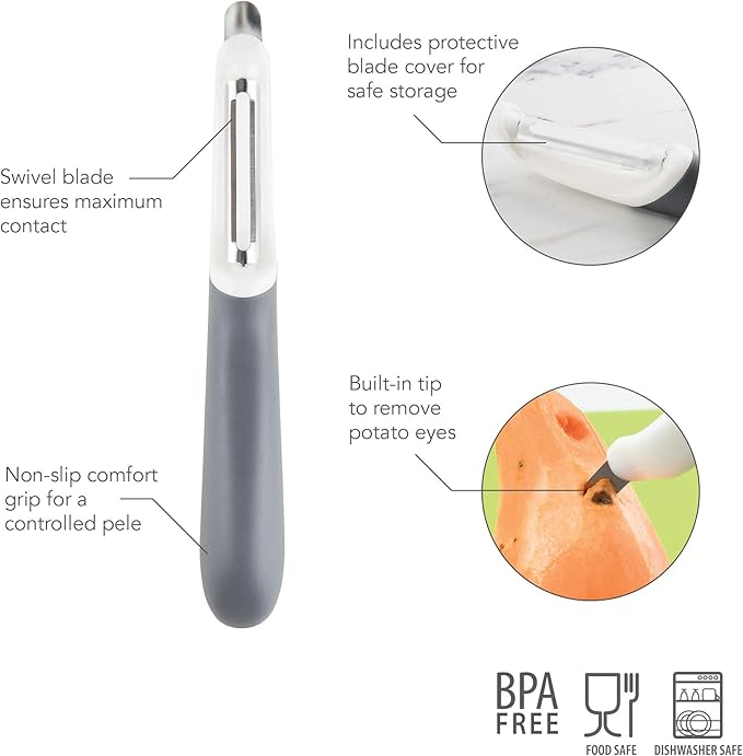 Tovolo Potato Peeler for Kitchen Food Prep Wide Swivel Ribbon Vegetable Peeler Extra Sharp Stainless Steel Swivel Blade Non Slip Handle, Dishwasher Safe Peeler with Potato Eye Remover, Charcoal Gray