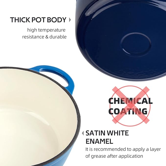 4 Quart Dutch Oven Enameled Cast Iron with Lid - Big Dual Handles - Oven Safe up to 500°F - Classic Round Pot for Versatile Cooking Blue