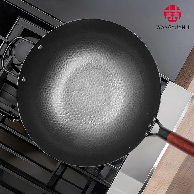 WANGYUANJI 13.4"Carbon Steel Wok Pan with Lid (34cm),Large Flat Bottom Stir Fry Pan for Electric,Induction & Glass Top Stoves, High Stability No-Wobble Design, Lightweight Chinese Cookware, 4-6 People
