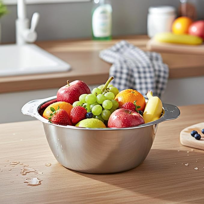 304 Stainless Steel Microporous Colander with Handle, 2QT Rice Washer Strainer with Mixing Bowl, Stainless Steel Colander for Kitchen, Microporous Strainer Set for Washing Vegetables Fruits Rice