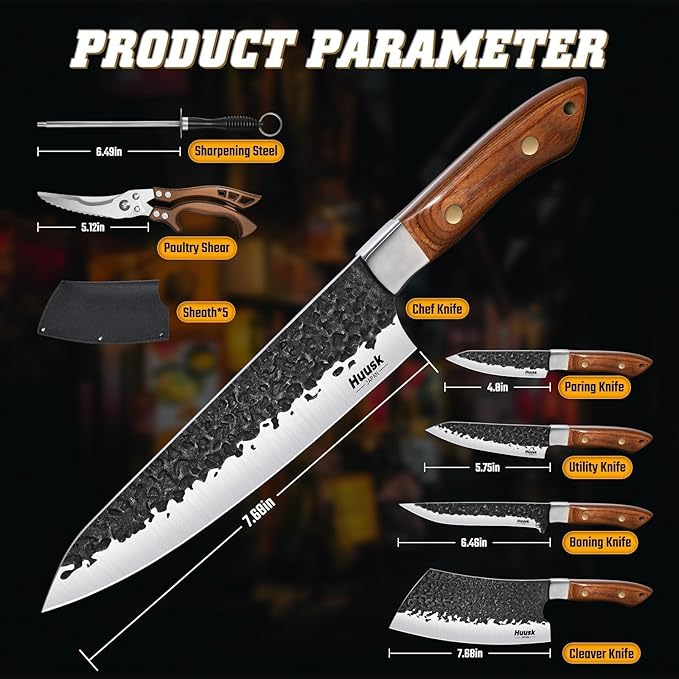 Huusk Butcher Knife Set - Hand Forged Meat Cleaver & Boning Viking Knives & Chef Utility Knives, Japanese Chef Knife Set with Bag for Camping, BBQ, Christmas Gifts for Men Women