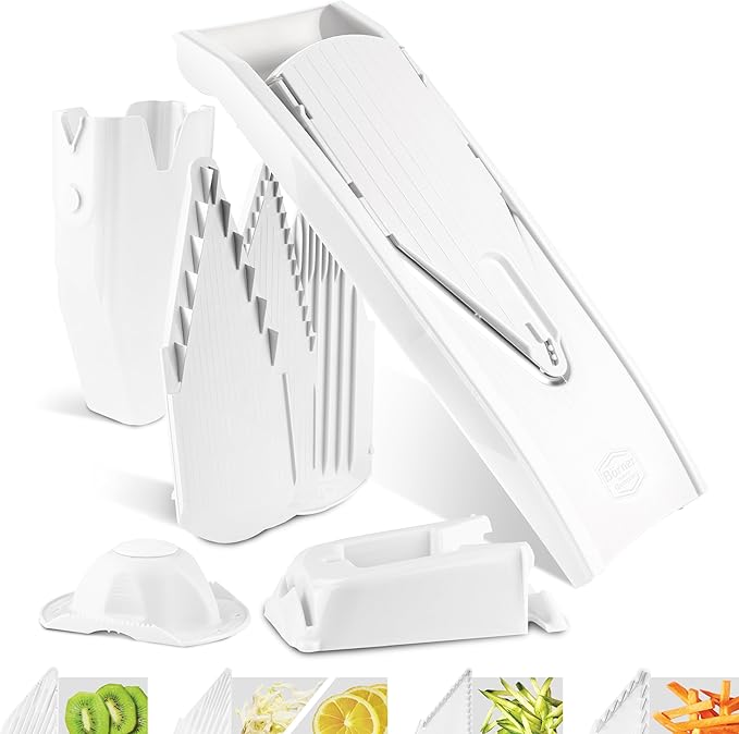Mandoline Food Slicer Börner V1 (Profi Set) by Reston Lloyd • V-Slicer with 4 Inserts, Docking Station & Food Holder • Made in Germany • Fruit & Vegetable Chopper • Multiple Settings • Color: White