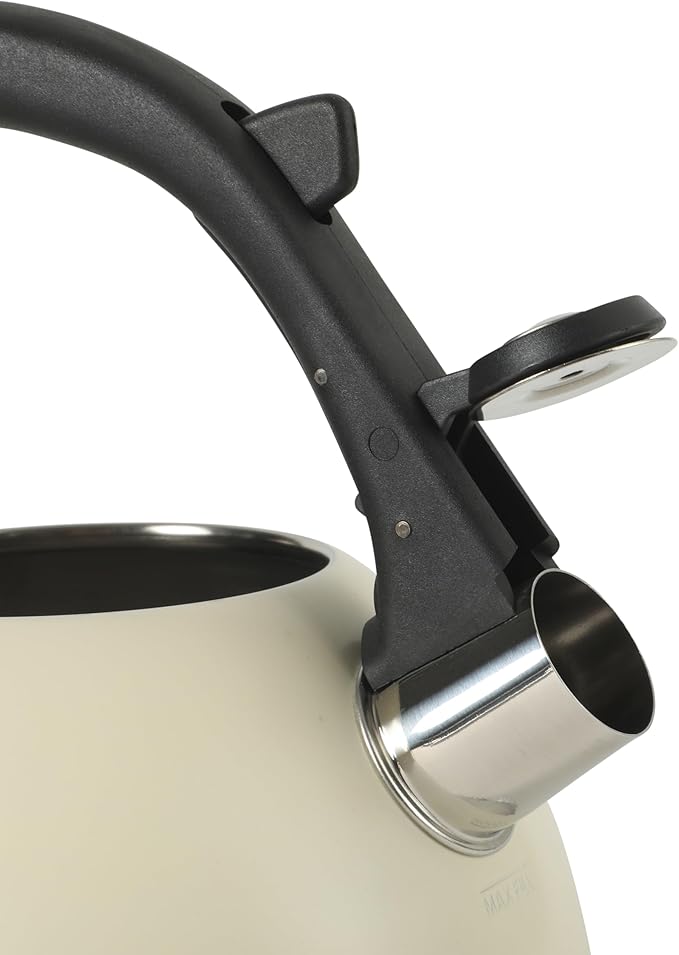 Mr. Coffee Clarefield 2.4 Qt Whistling Tea Kettle – Linen White Stovetop Water Kettle with Lid, Heat-Resistant Nylon Handle and Knob, Stainless Steel Trim