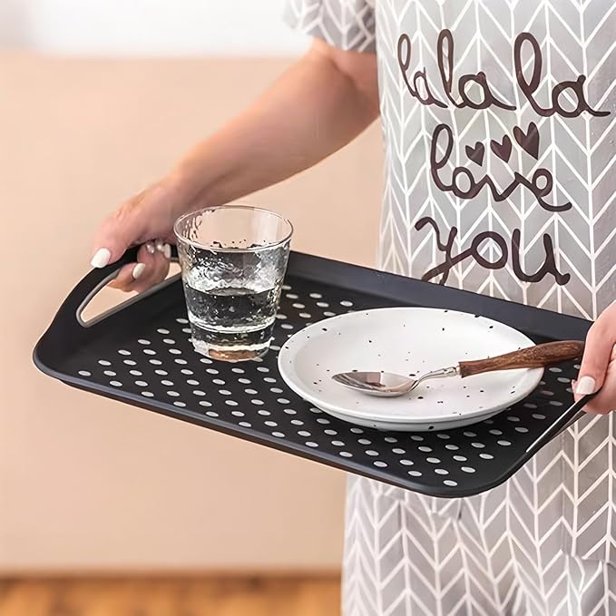 2PCS Large Non-Slip Serving Tray with Handles TV Lap Trays for Eating on Couch Food Serving Tray with Silicone Grippy Dots for Dinner Snack Fruit Dessert Breakfast (Black - 2pcs)