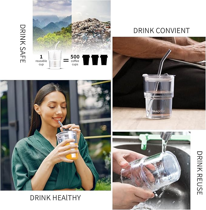 13oz/400ml Glass Water Tumbler with Straw and Lid Sealed Carry On Thick Wall Iced Coffee Cup Glass Cup for Water, Iced Tea Fruit Juice Etc (Aurora White-4Pack)