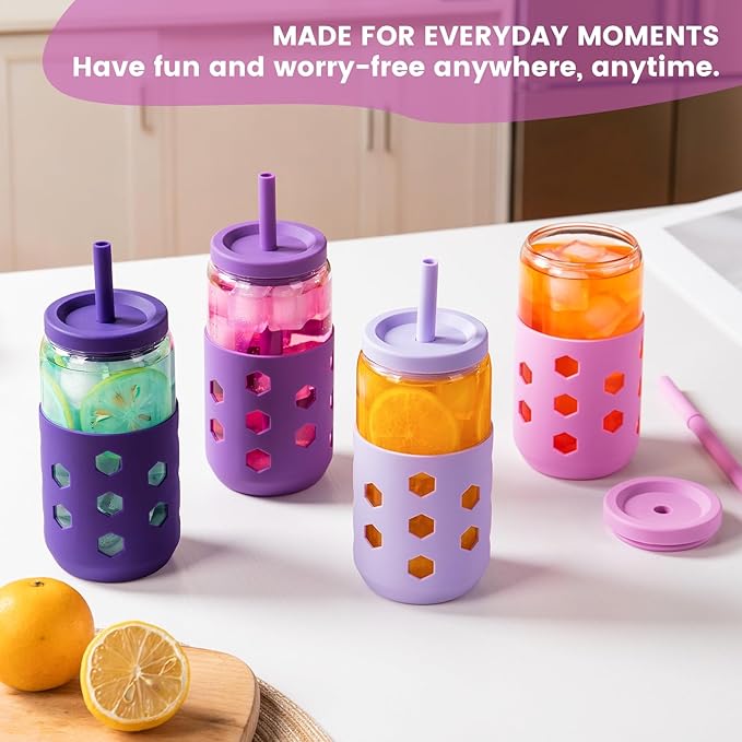 Glass Cups with Lids and Straws (4 Pack), 16oz Drinking Glasses Set with Silicone Sleeves for Coffee Bar Accessories Iced Coffee Cups with Lids, Glass Tumbler Reusable for Gifts