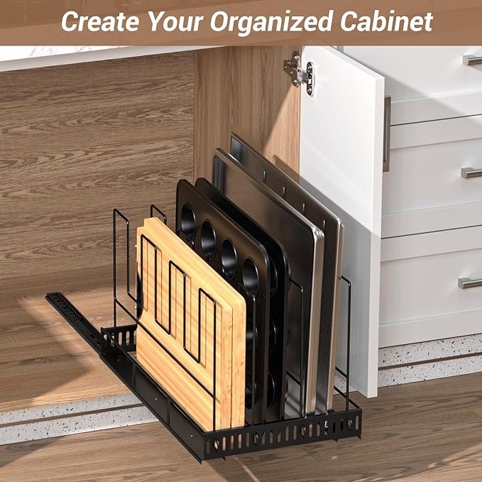 Housolution Pull Out Large Baking Tray and Cookie Sheet Organizer, 20" Deep Cutting Board Organizer with 4 Adjustable Dividers, 12" Wide Bakeware Muffin Pan Storage Rack for Cabinet