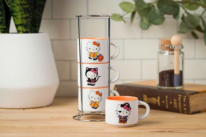 Silver Buffalo Sanrio Hello Kitty Halloween Themed 4 pack Ceramic Espresso Set with Storage Rack, 3 Ounces