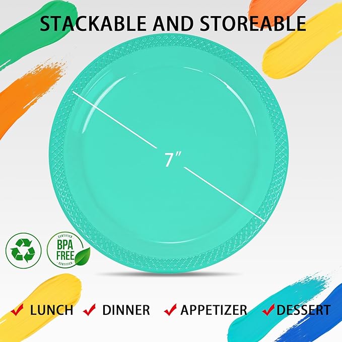 WELLIFE Teal Plastic Party Plates 7 Inch -150 Count, Translucent Green Disposable Dessert Neon Plates for Christmas Party St. Patrick's Day Easter Cake Salad Appetizers