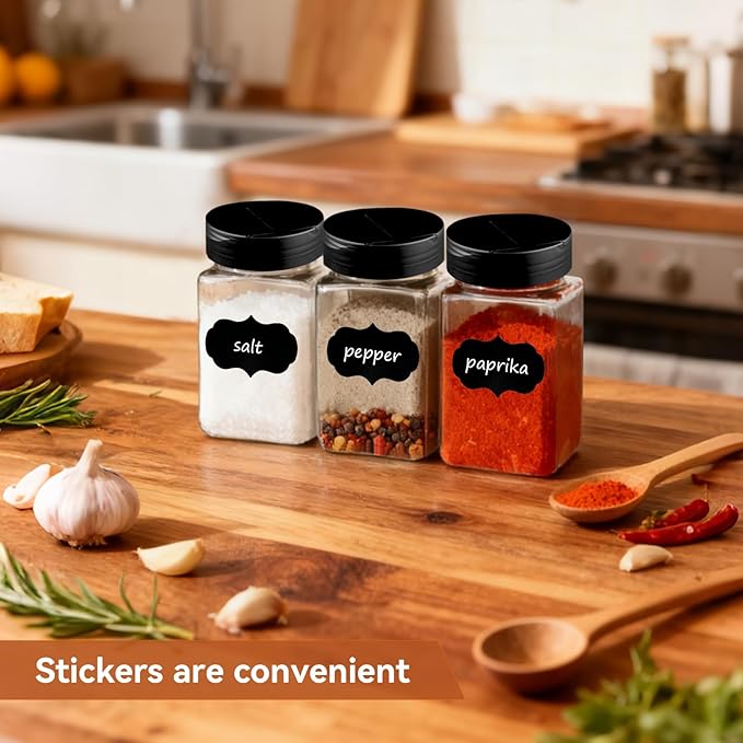 PineHaven 28 Pcs 12 oz Plastic Spice Jars with Black Cap,Square Plastic Bottle Containers with Lid and Stickers,Empty Seasoning Bottles Clear Spice Shaker for Storage Spices, Coffee, Tea, Herbs