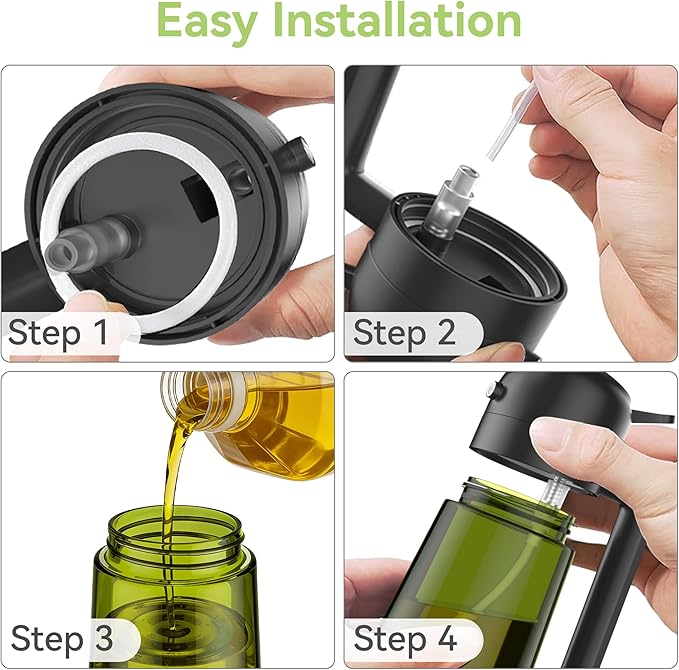 USLAI Oil Sprayer for Cooking, 16oz/470ml 2 in 1 Glass Olive Oil Dispenser Bottle for Kitchen, Air Fryer, BBQ and Salad - Black Green