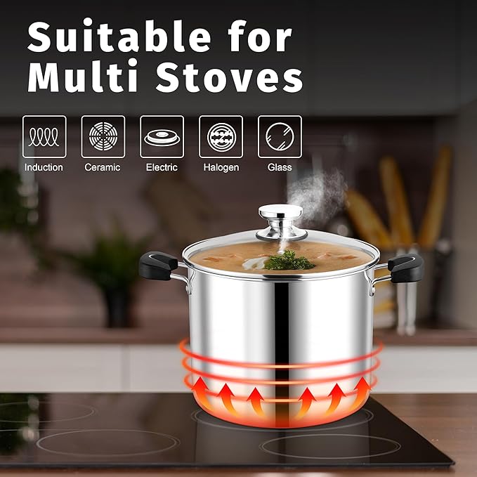 10 Quart 3-Ply Cooking Stock Pot with Lid, P&P CHEF Stainless Steel Large Pot for Pasta Soup, Work on Multi Stove, Heavy Duty & Dishwasher Safe, Dual Heat-resistant Handles & Transparent Glass Lid