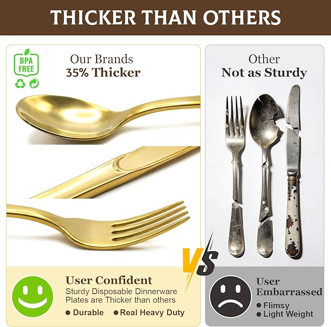 153 Pack Gold Plastic Silverware - Heavy Duty Gold Silverware Set - 51 Forks, 51 Knives, 51 Spoons Plastic Cutlery Disposable Utensils Set for Holiday, Party, Dinner, Wedding Gathering