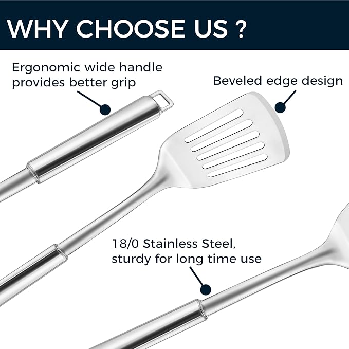 14.5-in Stainless Steel Turner, 18/0 SS Heavy Duty Slotted Spatula for Kitchen Use, Cast Iron Grilling Frying