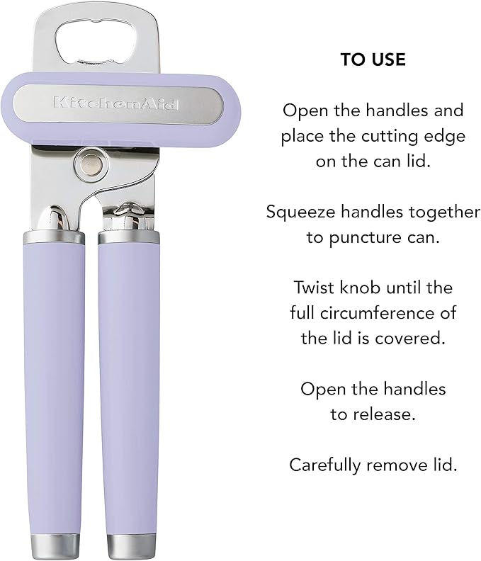 KitchenAid Classic Multifunction Can Opener and Bottle Opener Easy to Use, Razor Sharp Stainless Steel Cutting Wheel, Soft Ergonomic Handles, Lavendar Cream