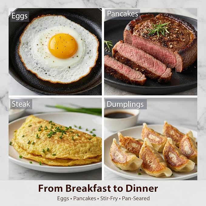 WANGYUANJI 11 Inch Cast Iron Skillet with Lid, Uncoated Frying Pan with Refined Tortoise Shell Texture, Handcrafted Flat Bottom Omelet Pan for Induction & Gas, Includes Brush & Steel Wool