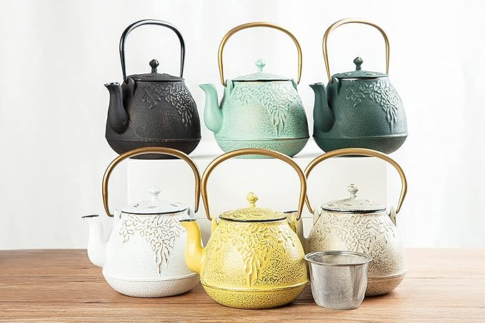 Tea Kettle, TOPTIER Japanese Cast Iron Teapot with Infuser for Loose Leaf and Tea Bags, Stovetop Safe Cast Iron Tea Kettle Coated with Enameled Interior for 40 oz (1200 ml), Beige