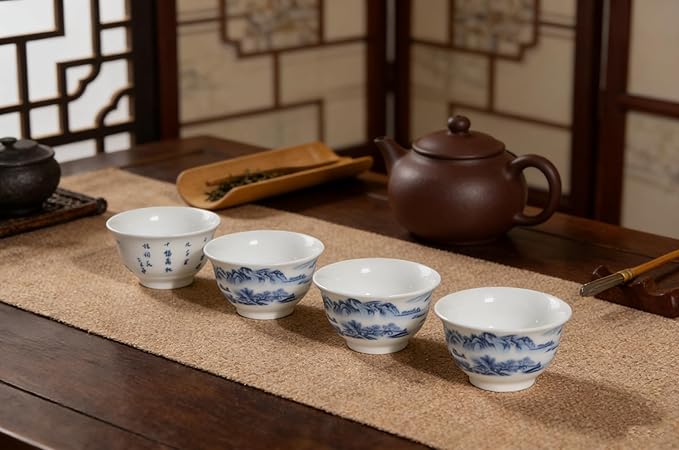Liang baobao Chinese Traditional Tea Tasting Cup Set of 4, 2oz Bule and White Porcelain Mini Cups for Gongfu Tea Ceremony (landscape)