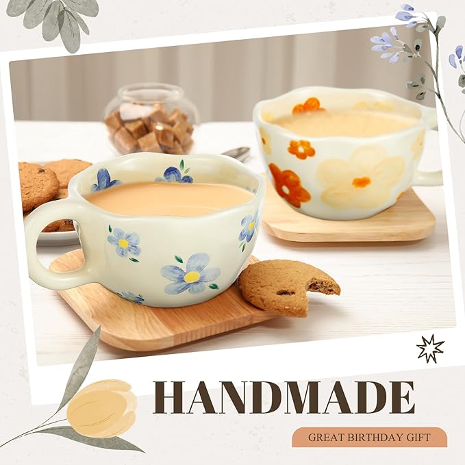 Vesici 2 Pcs Ceramic Coffee Mugs with Spoon, Vintage Floral Spring Mugs with Handle, 8.5 oz Aesthetic Flower Porcelain Tea Cup Set, Dishwasher & Microwave Safe for Home Office Gift(Vivid)