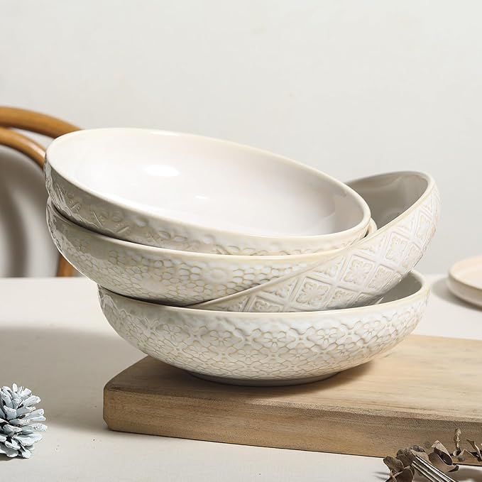 22 Oz Pasta Bowls Set of 4, Large Ceramic Serving Bowls, 8 inch Porcelain Embossed Bowl for Salad, Soup, Fruit, Rice, Desserts, Ramen, Housewarming Present, Kitchen Decor, Dishwasher Safe