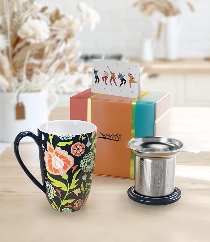 Tea Cup with Infuser and Lid Tea Mug with Lid Teaware with Filter Large Capacity 16OZ, Navy blue