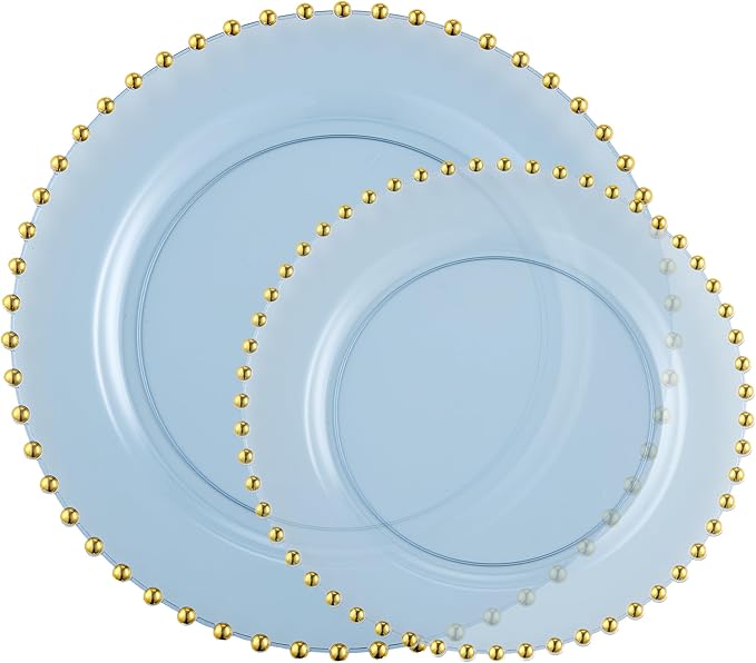PLASTICPRO 64 Piece Combo Plastic Dinner Plates Disposable Plastic Fancy Heavy Duty Party Dishes 7 inch and 10 inch, Translucent Blue and Gold Beaded