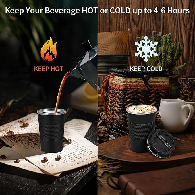 YINBAOGE Insulated Travel Coffee Mug, Spill & Leak Proof, Portable To Go Camping Stainless Steel Coffee Tumbler, Reusable Thermal Coffee Cup with Lid for Hot & Cold Drinks (Black, 12 OZ)
