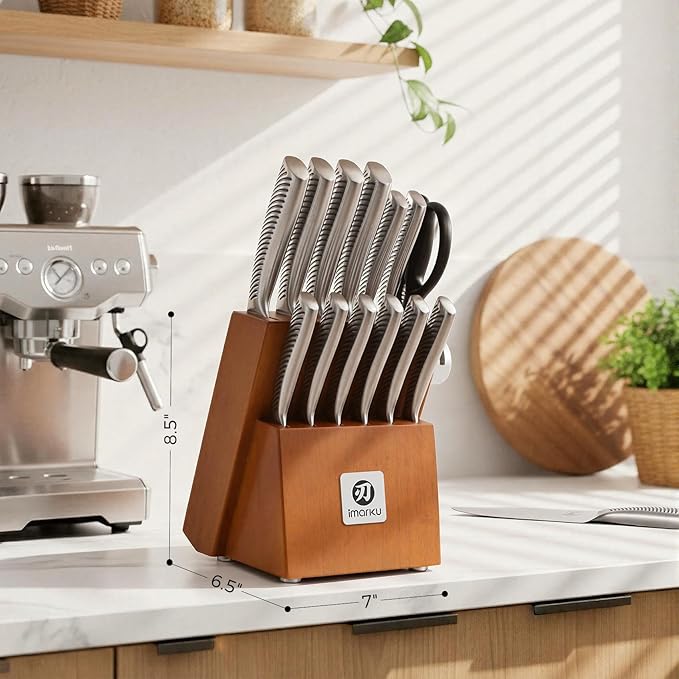 imarku 14-Piece Knife Set, Japanese Stainless Steel Knives Set for Kitchen, Full-Tang Gyutou Knife Sets with Block and Build-in Sharpener, Brown, Dishwasher Safe, House Warming Gifts