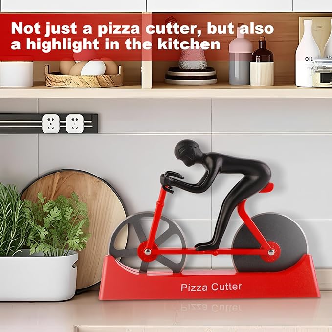 Bike Pizza Cutter,Bicycle Pizza Slicer,Stainless Steel Pizza Cutter Wheels with Stand,Unique Kitchen Gadget,Gifts for Cyclists Men,Cool Men’s Gift