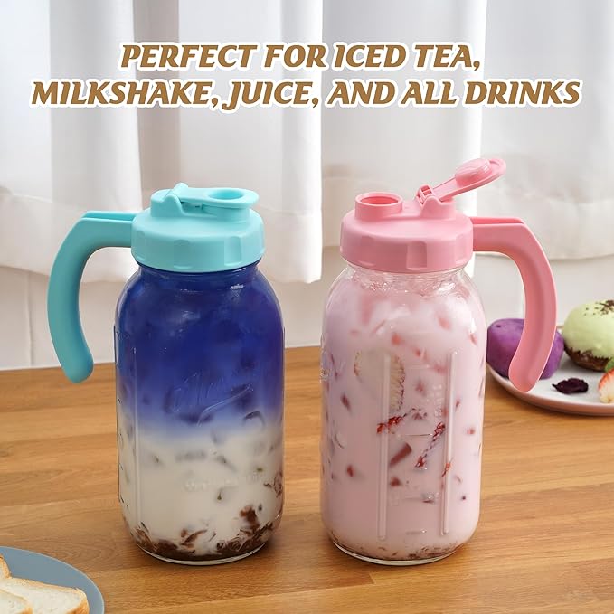 Soligt Glass Mason Jar Pitchers with Lids, Wide Mouth Flip Cap Pour Spout Leak-proof Lid with Handle, 64 oz/2 Quart, for Iced Coffee/Sun Tea Juice/Cold Brew/Milk (2 Pack, Taffy Pink + Baby Blue)