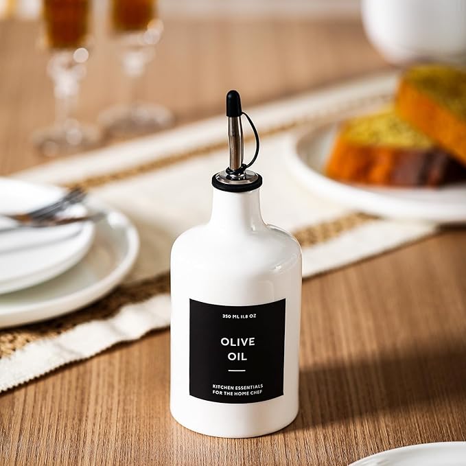 HOMCDALY Ceramic Olive Oil Dispenser Bottle, 16oz Oil Dispenser Bottle for Kitchen, Oil Container, Kitchen Oil Dispenser(White)