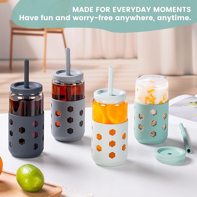 Glass Cups with Lids and Straws 4 Pcs, 16oz Glass Tumbler with Silicone Straw and Sleeve for Coffee Bar Accessory, Drinking Glasses Set Reusable Iced Coffee Cup - Smoothie Cup for Gifts