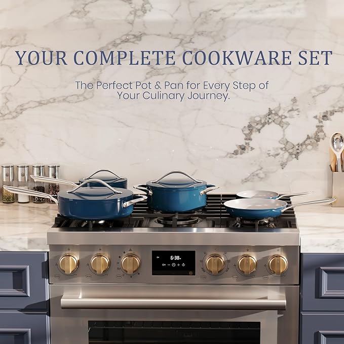 Stock Pot 4.5QT Nonstick Ceramic Dutch Oven Pot with Lid (9.5"x 4") Non-Toxic PFAS-Free Even Heat Distribution, for Braising, Baking Bread & Soups, Compatible for All Cooktops(Induction/Gas/Electric) Oven Safe to 500ยฐF, Navy Blue