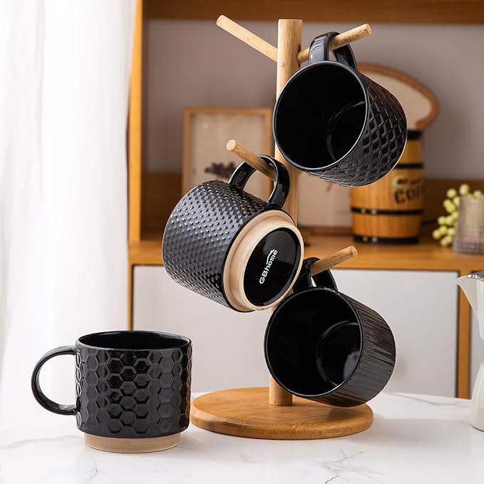 GBhome 15OZ Stackable Coffee Mugs, Ceramic Coffee Mugs with Texture Patterns for Man,Woman,Dad,Mom, Modern Coffee Cups Set of 4 for Latte/Cappuccino/Cocoa. Dishwasher&Microwave Safe,Black