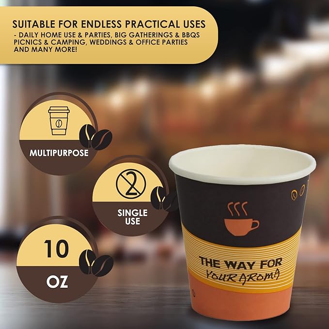 PAMI Disposable Coffee Cups, Single-Use Paper Cups, To-Go Hot Beverage Cups for Espresso Coffee Tea Hot Chocolate, Leak Resistant, Cafe & Home Use (50, 10oz)
