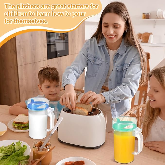 6 Pack Early Learning Kids Easy Pouring Mini Pitchers Clear Plastic Pitcher with Lid and Handle Easy Pour Bottles 16 Oz. Jugs with Lids for Classroom Nursery Home (Colorful)