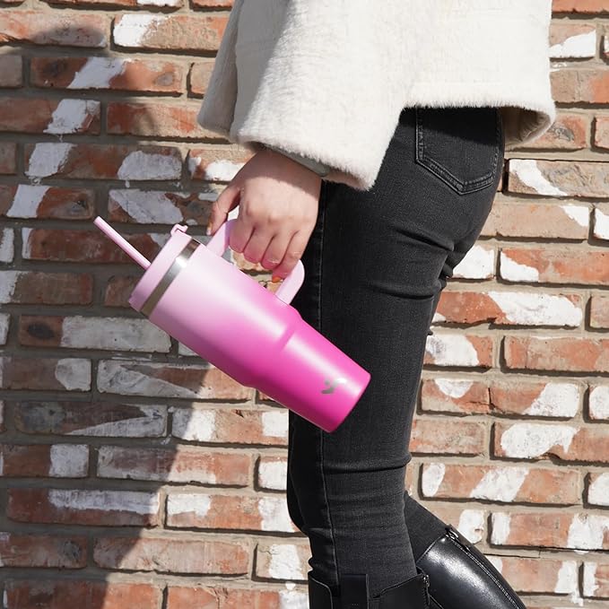 30 oz Tumbler with Handle and 2 Straws,2 in 1 Lid Insulated Water Bottle Stainless Steel Travel Coffee Mug,Retro Green