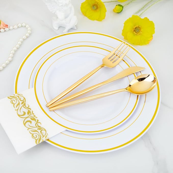 U-QE 120Pcs Gold Plastic Silverware, Luxury Plastic Cutlery, Heavy Weight Flatware, Gold Disposable Utensils Set Include 60 Forks, 30 Spoons,30 Knives for Party