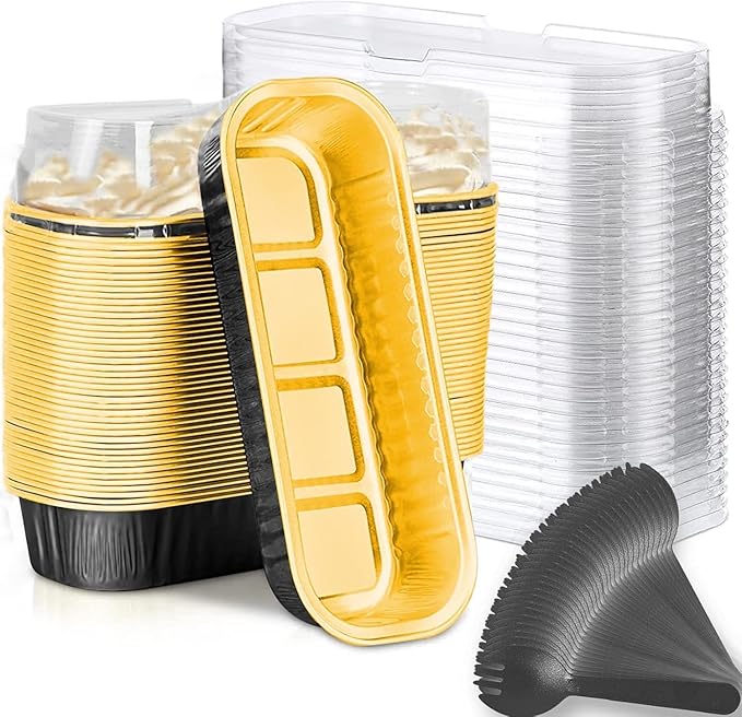 Mini Loaf Baking Pans with Lids and Spoons (50 Pack, 6.8oz) Rectangle Aluminum Foil Baking Pans Tins Containers - Cupcake Containers Wrappers Cheesecake Creme Brulee Ramekins