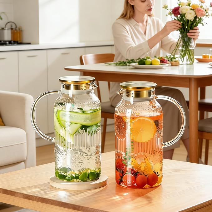 Glass Pitcher with Lid and Handle, 2 PACK 68 oz/2 Liter Vintage Embossed Sun Flower Water Pitcher, Clear Borosilicate Glass Water Carafe for Cold Brew, Iced Sun Tea,Beverage, Heat Resistant