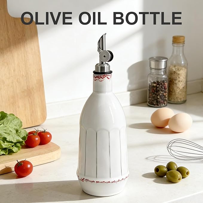 Ceramic Olive Oil Dispenser Bottle, 18oz Opaque Kitchen Oil Bottle with Automatic Stainless Steel Pourer Spout, for Premium Olive Oil, Vinegar, Soy Sauce & Liquids, Single Bottle (1 Piece)
