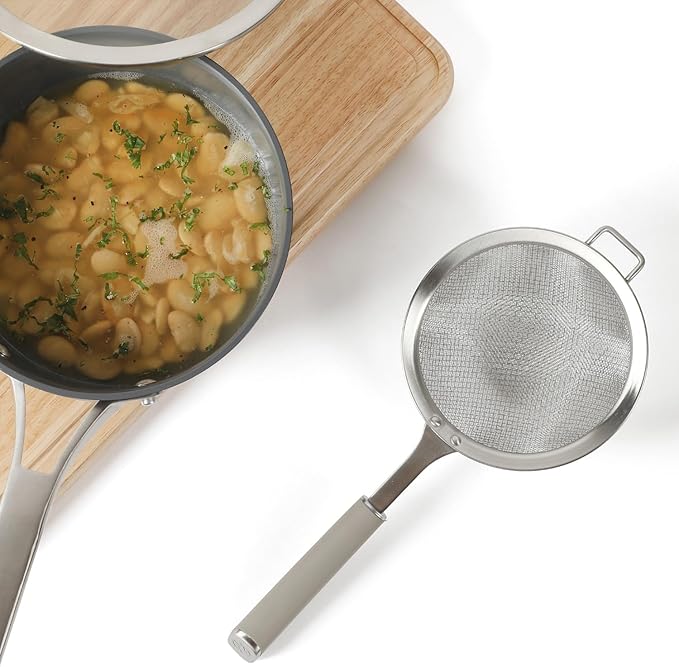 Calphalon Edge Stainless Steel Strainer w/Thermoplastic Rubber Handle - Taupe