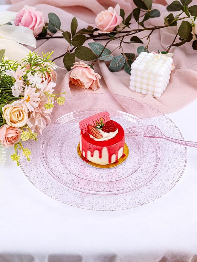 WDF 200PCS Pink Plastic Plates - Rose Gold Glitter Plastic Plates - Heavy Duty Pink Glitter Disposable Plates for Wedding Baby Shower Spring Birthday Easter